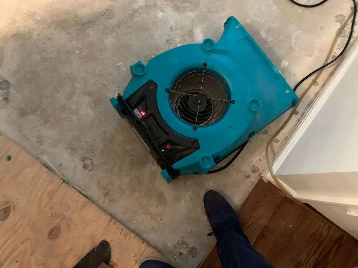 Air mover drying subfloor during Commercial Water Damage Restoration in Highland